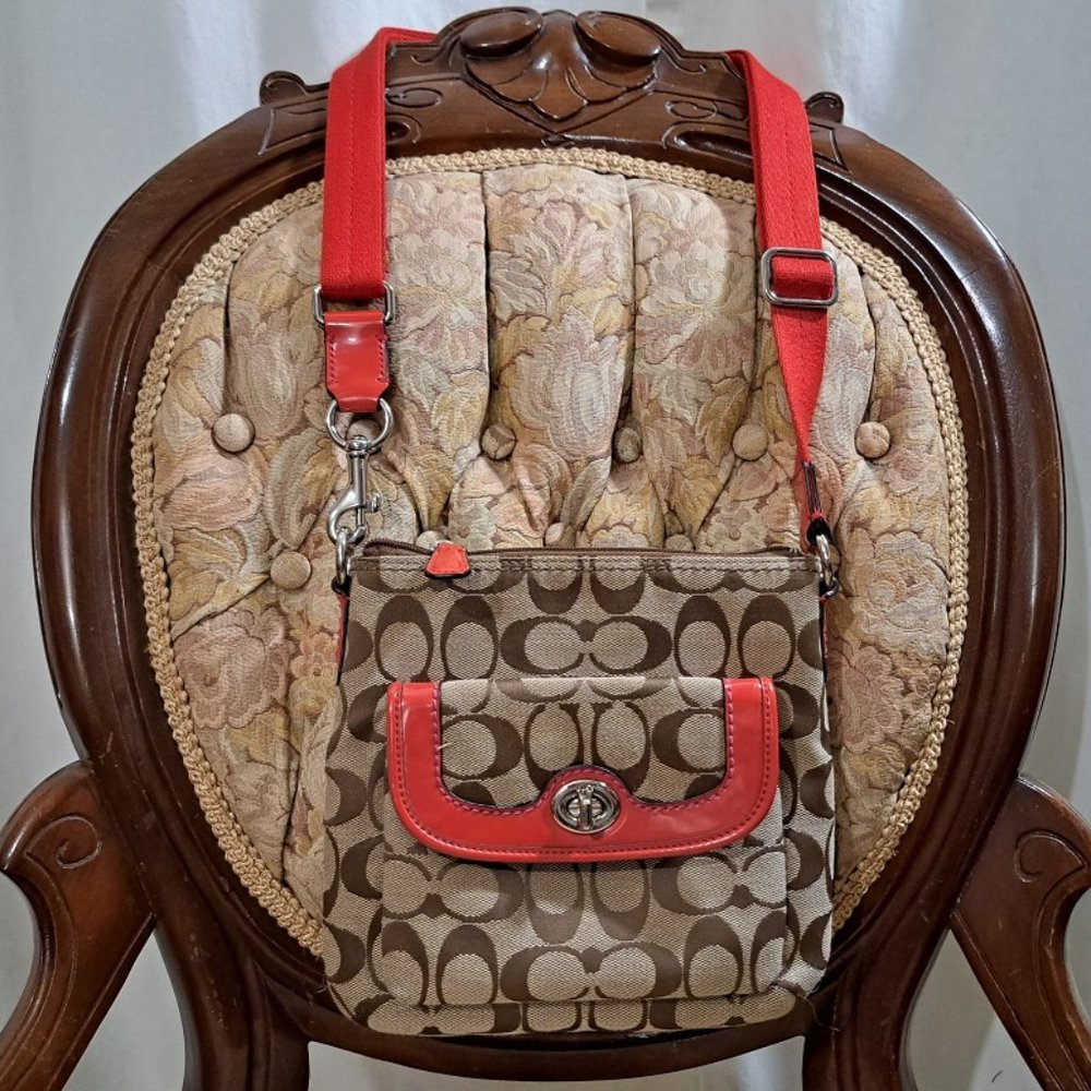 Coach Cross Body SwingPack Small Shoulder Bag Signature Jacquard Tan Orange